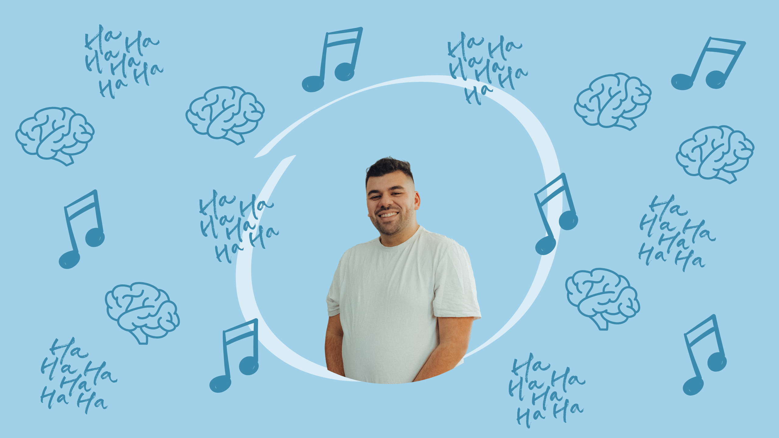 Bannière Youtube de Cyril Bigayon avec sa photo au milieu de celle-ci. La bannière est remplie de note de musique, d'écriture symbolisant Haha et de représentations dessinées de cerveau.